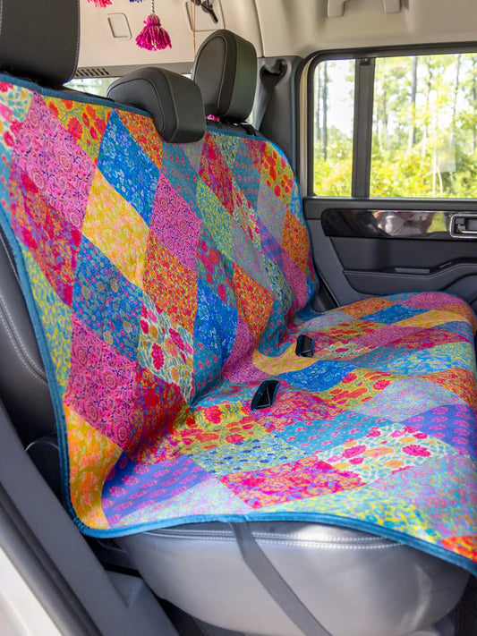 Velvet Back Car Seat Cover - Rainbow Patchwork