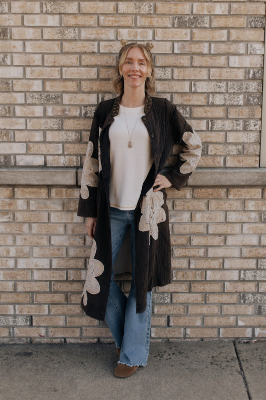 Espresso Floral Print Stud Long Jacket Top