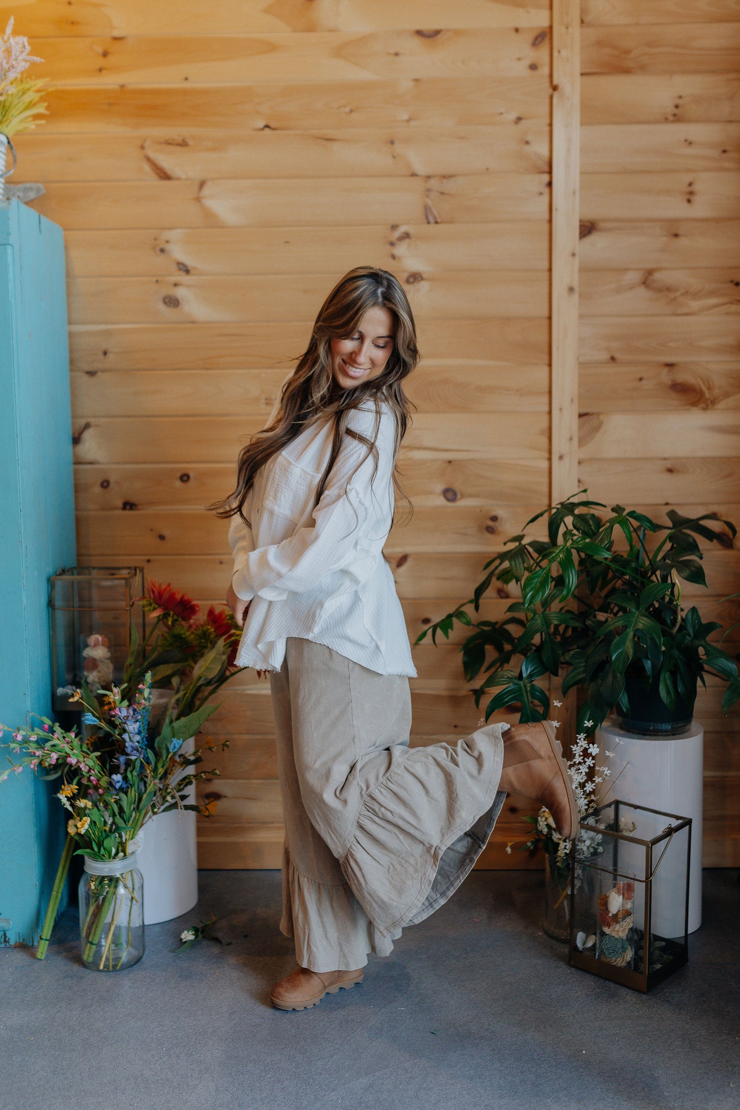 Mineral Wash Taupe Ruffle Pants