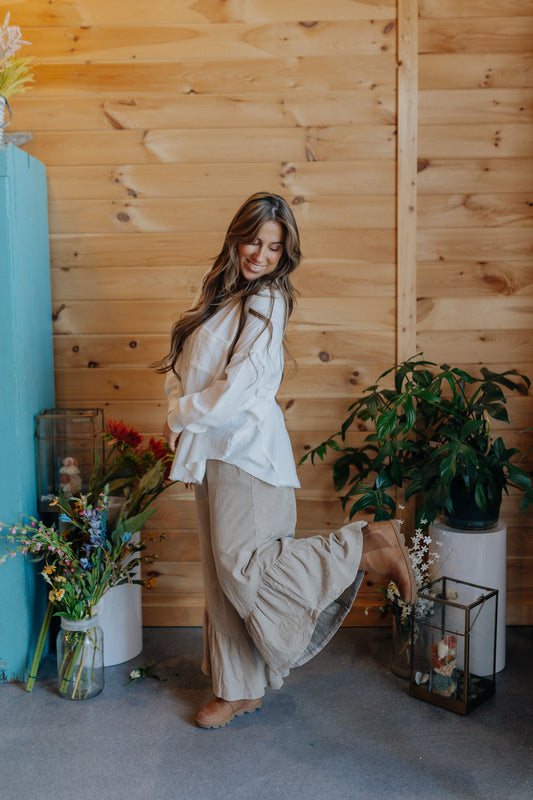 Mineral Wash Taupe Ruffle Pants