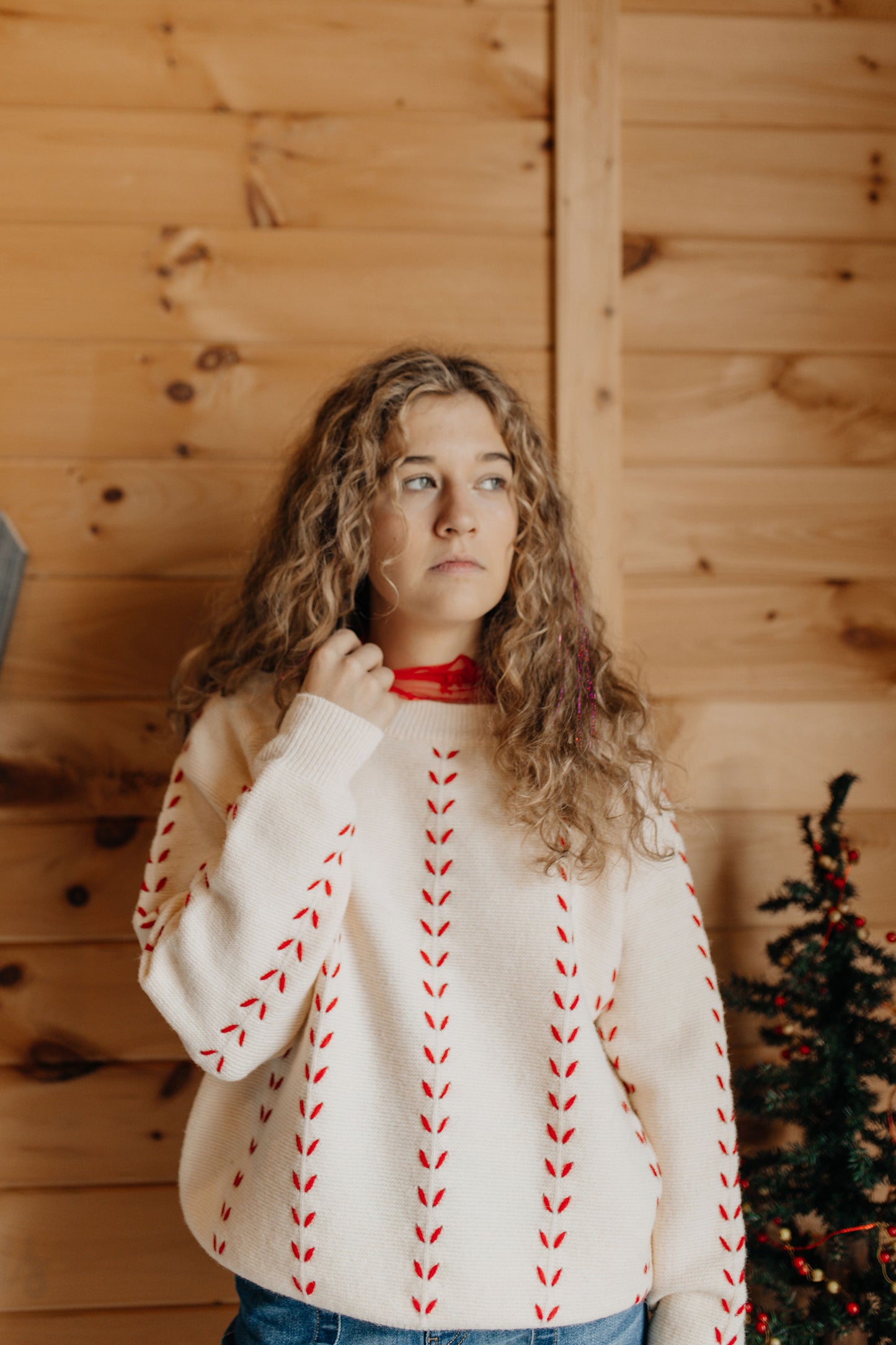 Ivory Sweater with Red Stitching