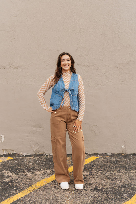 Taupe Checkerboard Mesh Top