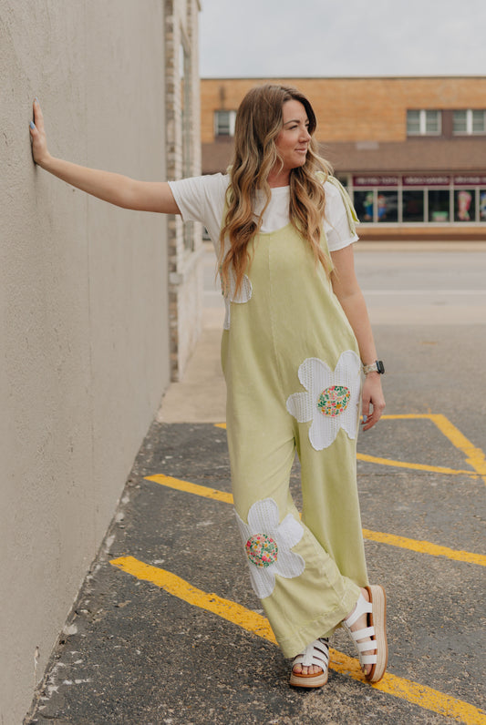 Mineral Washed Flower Patched Jumpsuits
