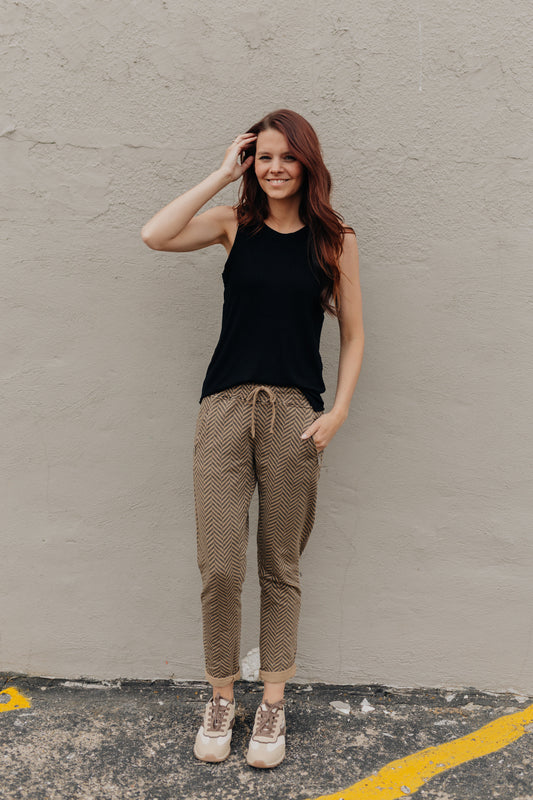 Herringbone Print Joggers - Brown