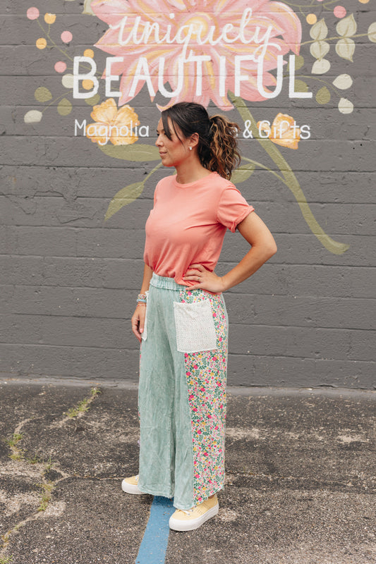 Mineral Wash Floral Side Pant - Cyan