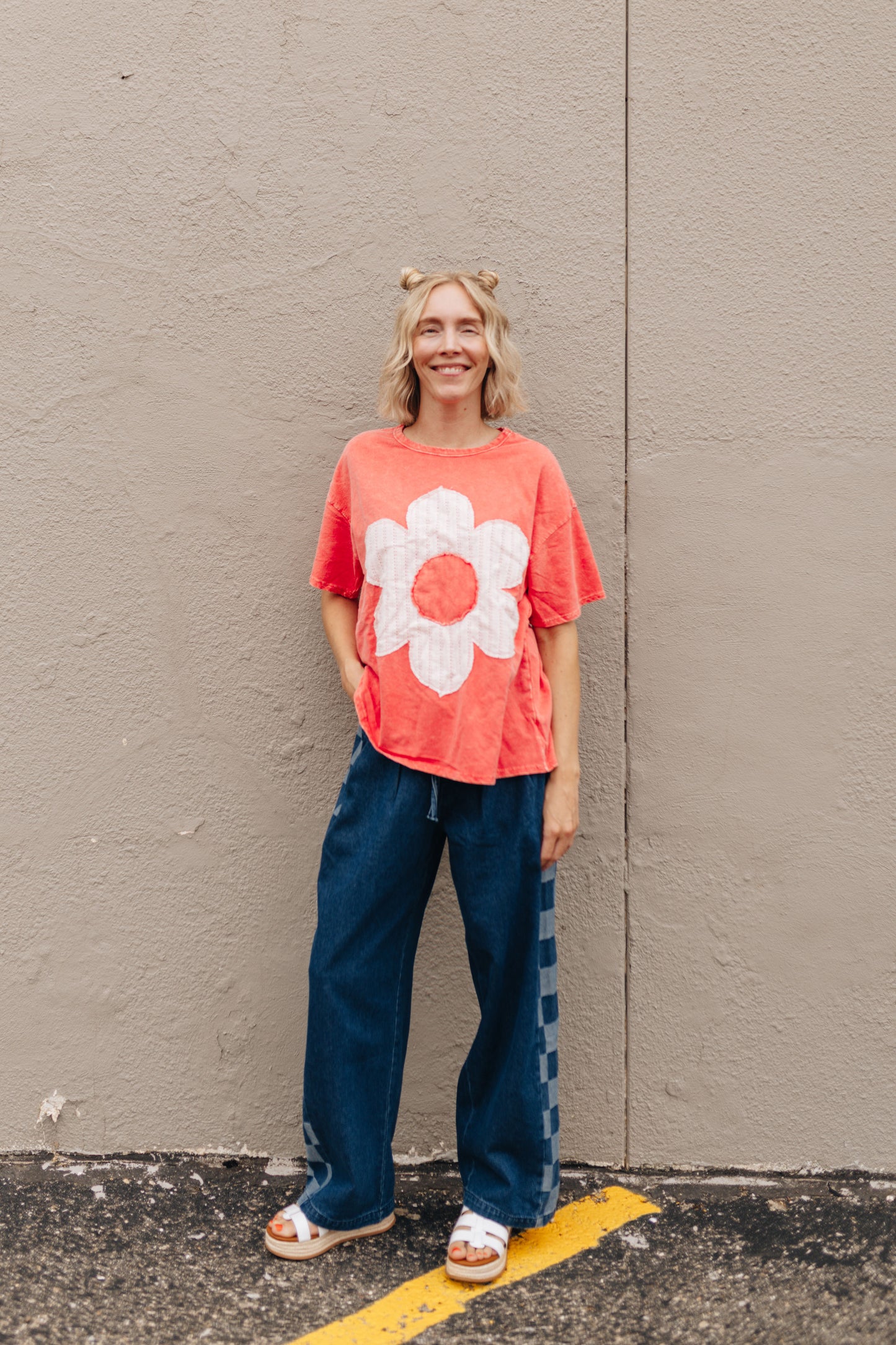 Mineral Wash Dark Coral Floral Top