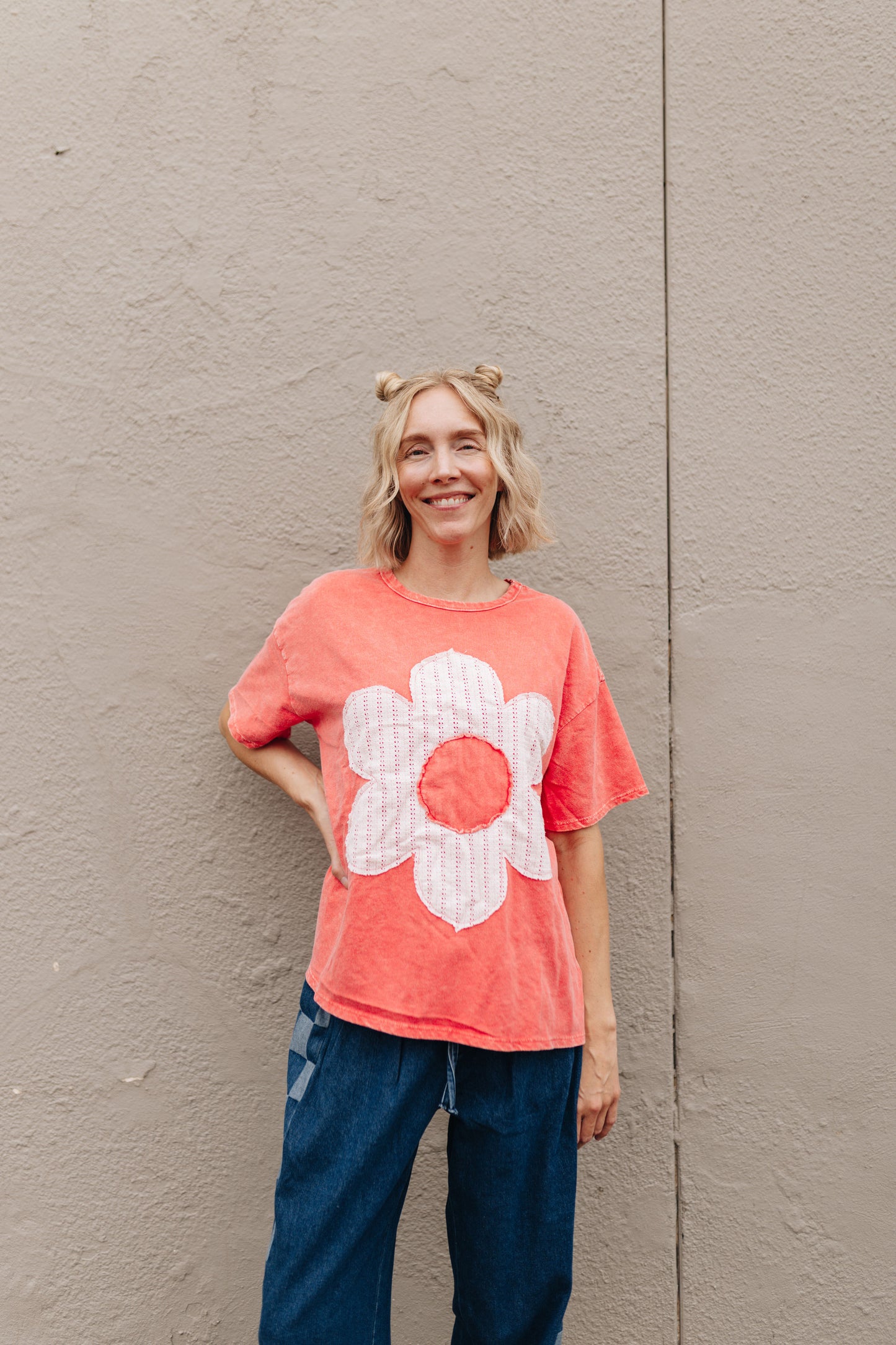 Mineral Wash Dark Coral Floral Top