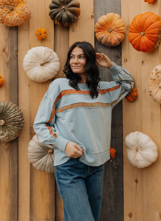 Dusty Blue and Orange Floral Crewneck