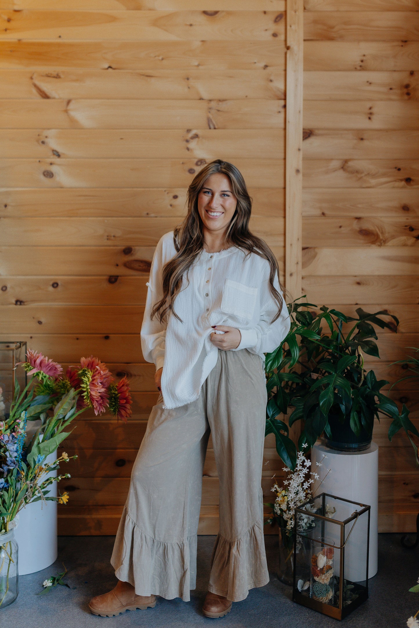 Mineral Wash Taupe Ruffle Pants