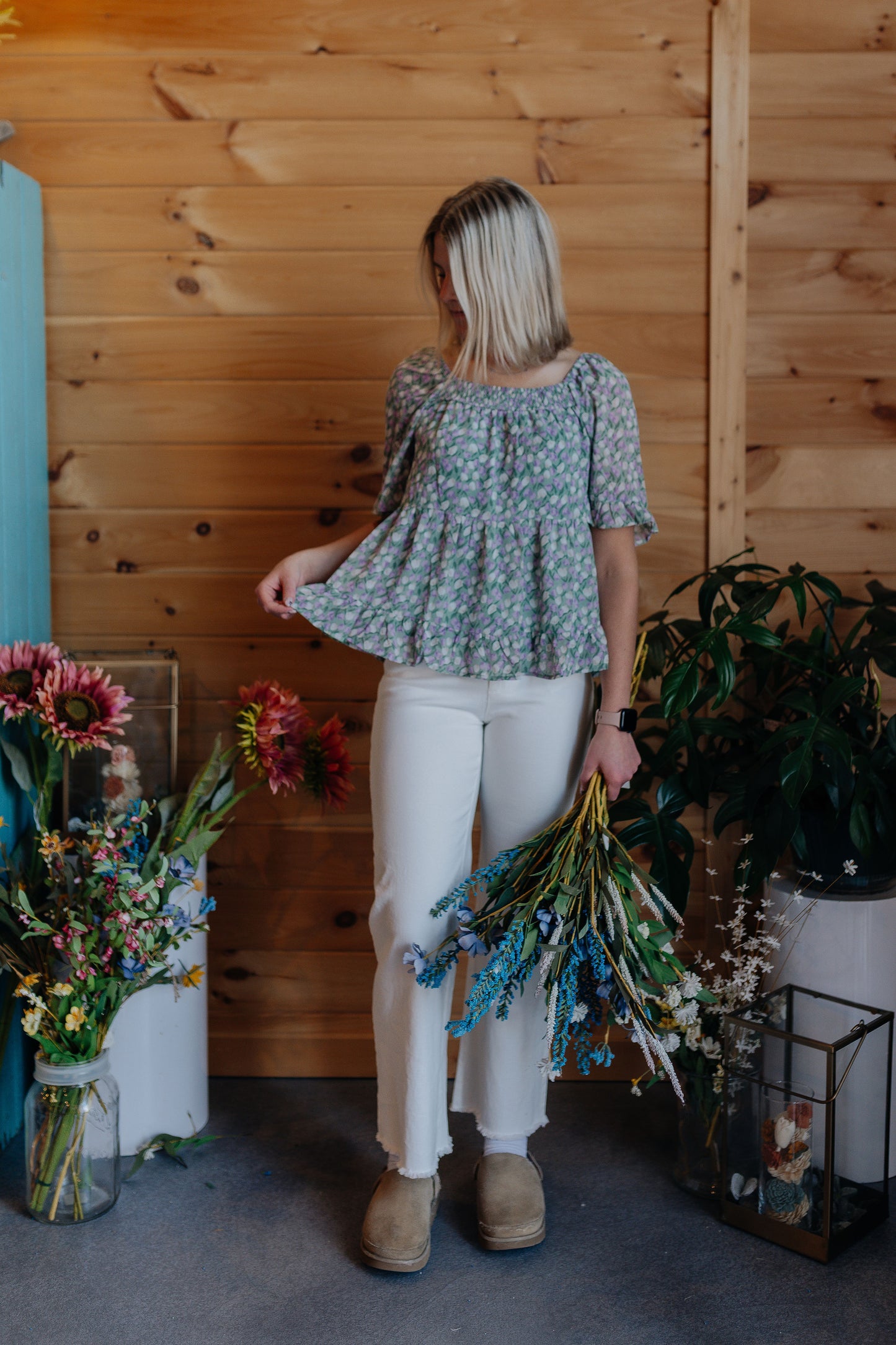 Lavender Smocked Floral Blouse