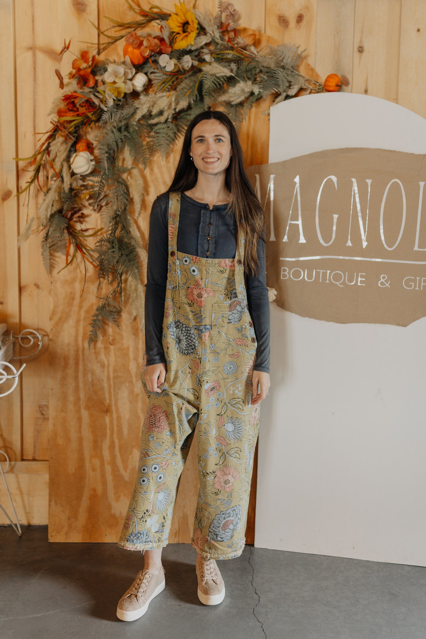 Sage Vintage Wash Floral Overalls