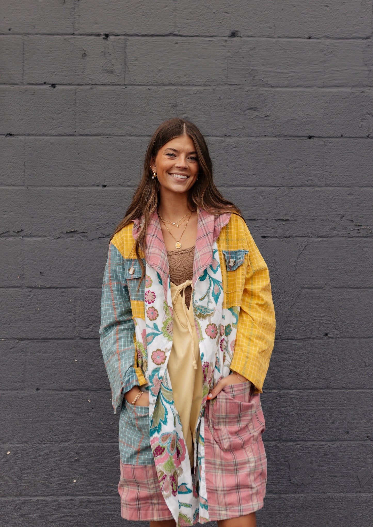Multi-Colored Patchwork Wide Collar Jacket