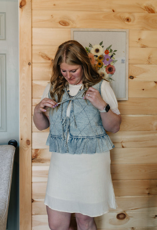 Ruffle Bottom Denim Vest W/Tie