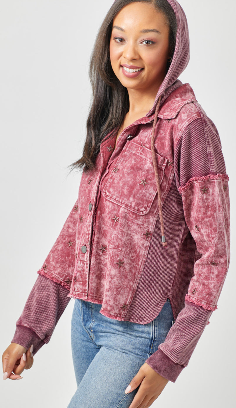 Star Embroidered Washed Jacket -Burgundy