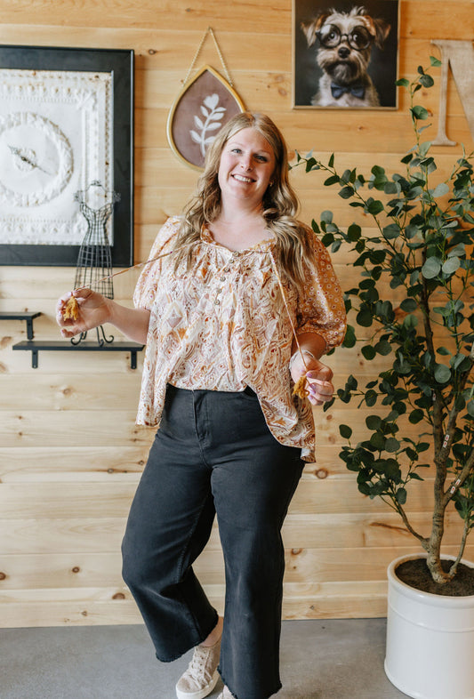 Floral Mixed Printed Puff Short Sleeve Blouse