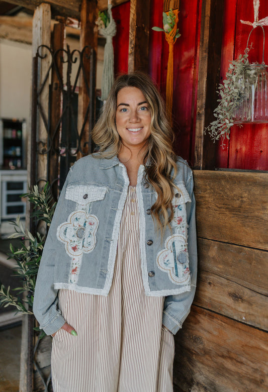 Pin Stripe Floral Denim Jacket