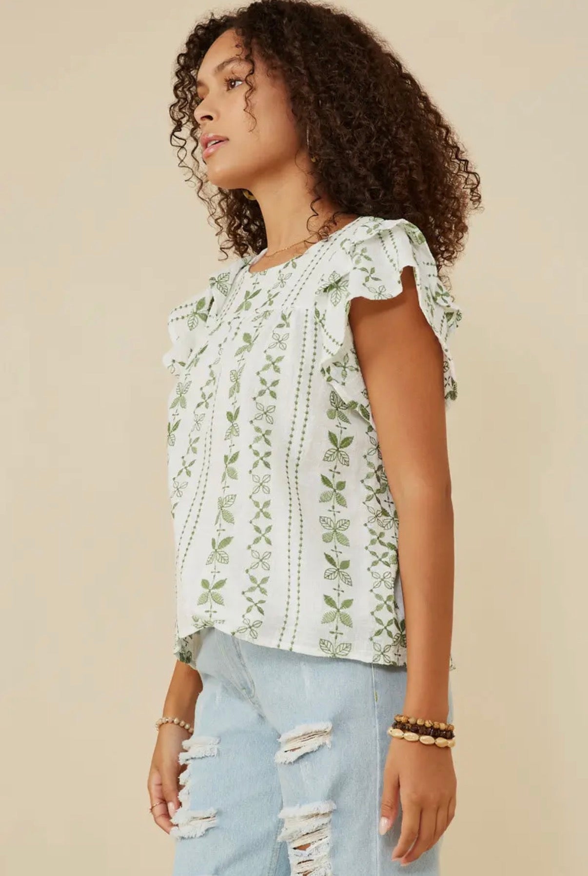 Green Embroidery Ruffle Top