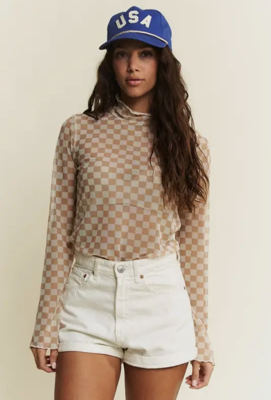 Taupe Checkerboard Mesh Top
