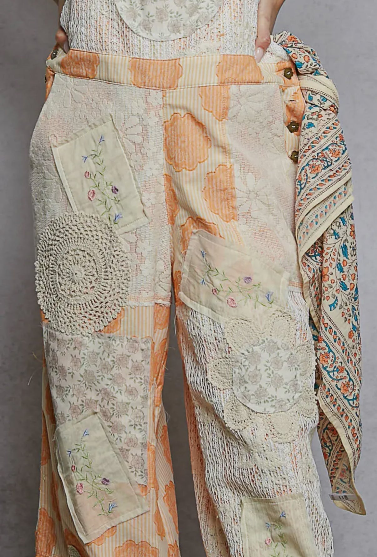 Orange Patchwork Woven Overalls