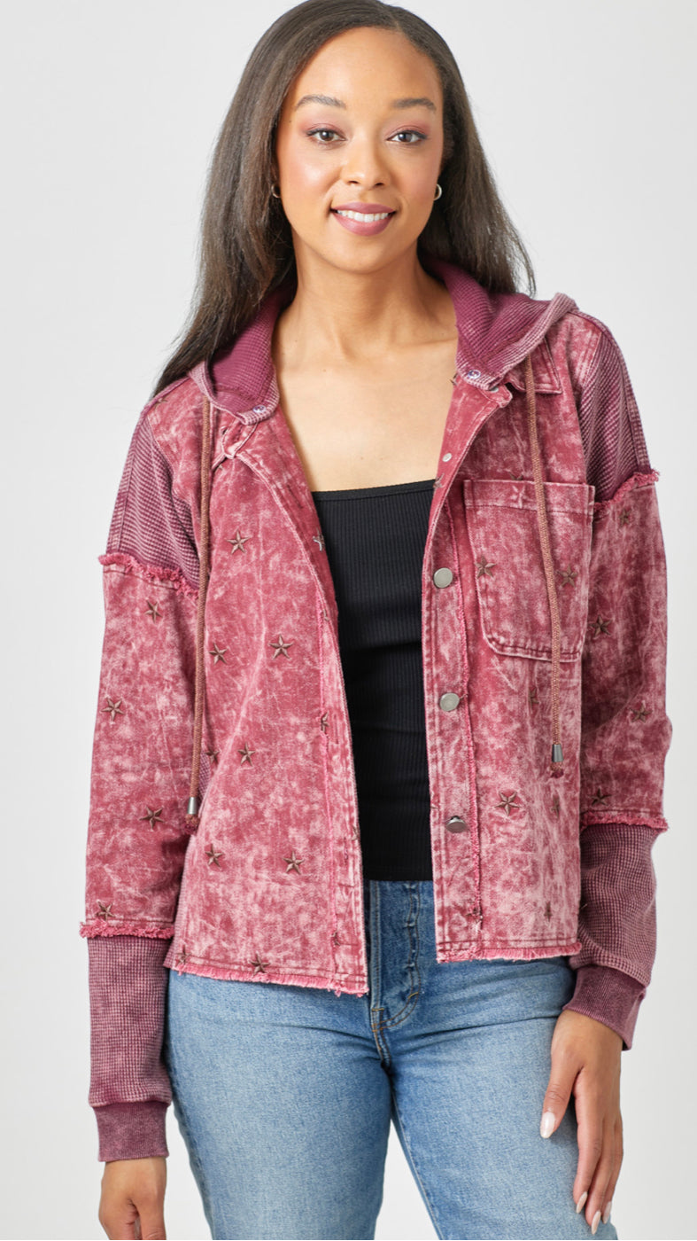 Star Embroidered Washed Jacket -Burgundy