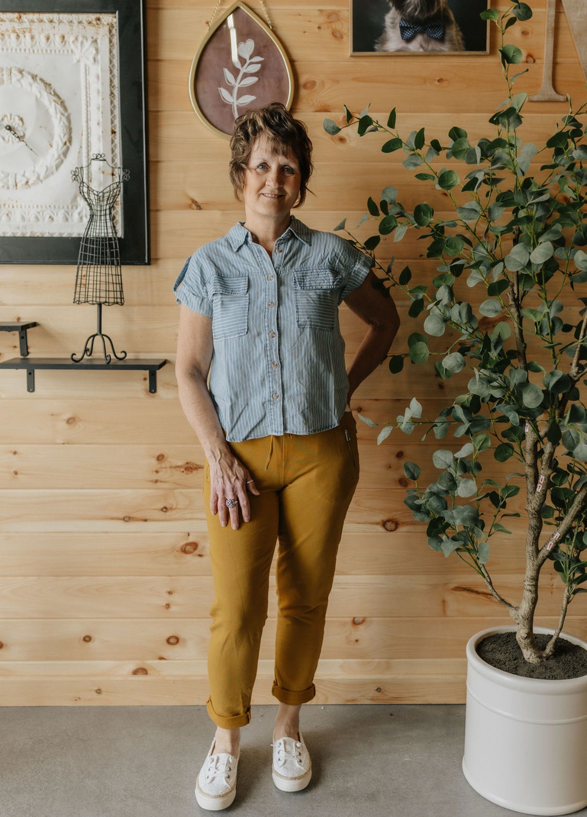 Stripe Button Down Tab Sleeve Chambray Shirt
