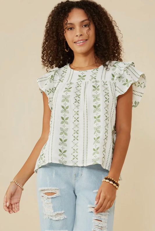 Green Embroidery Ruffle Top
