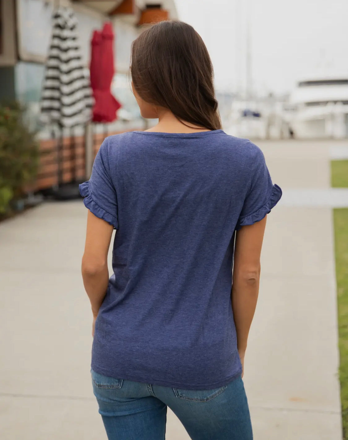 Navy Ruffle Sleeve Top