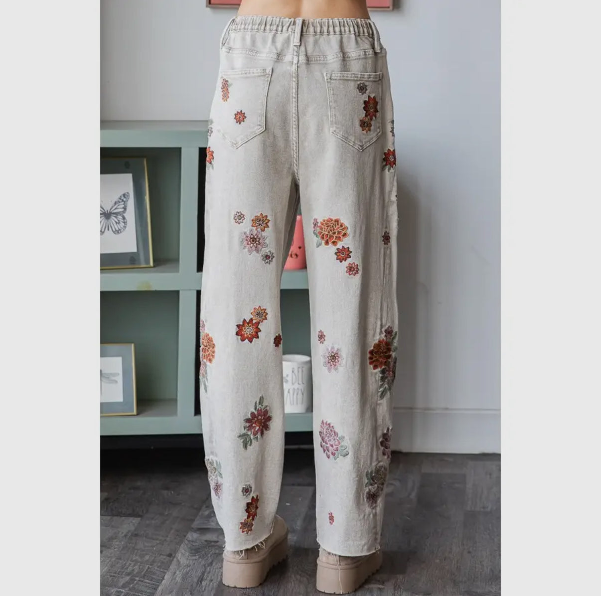 Floral Embroidered Grey Jeans