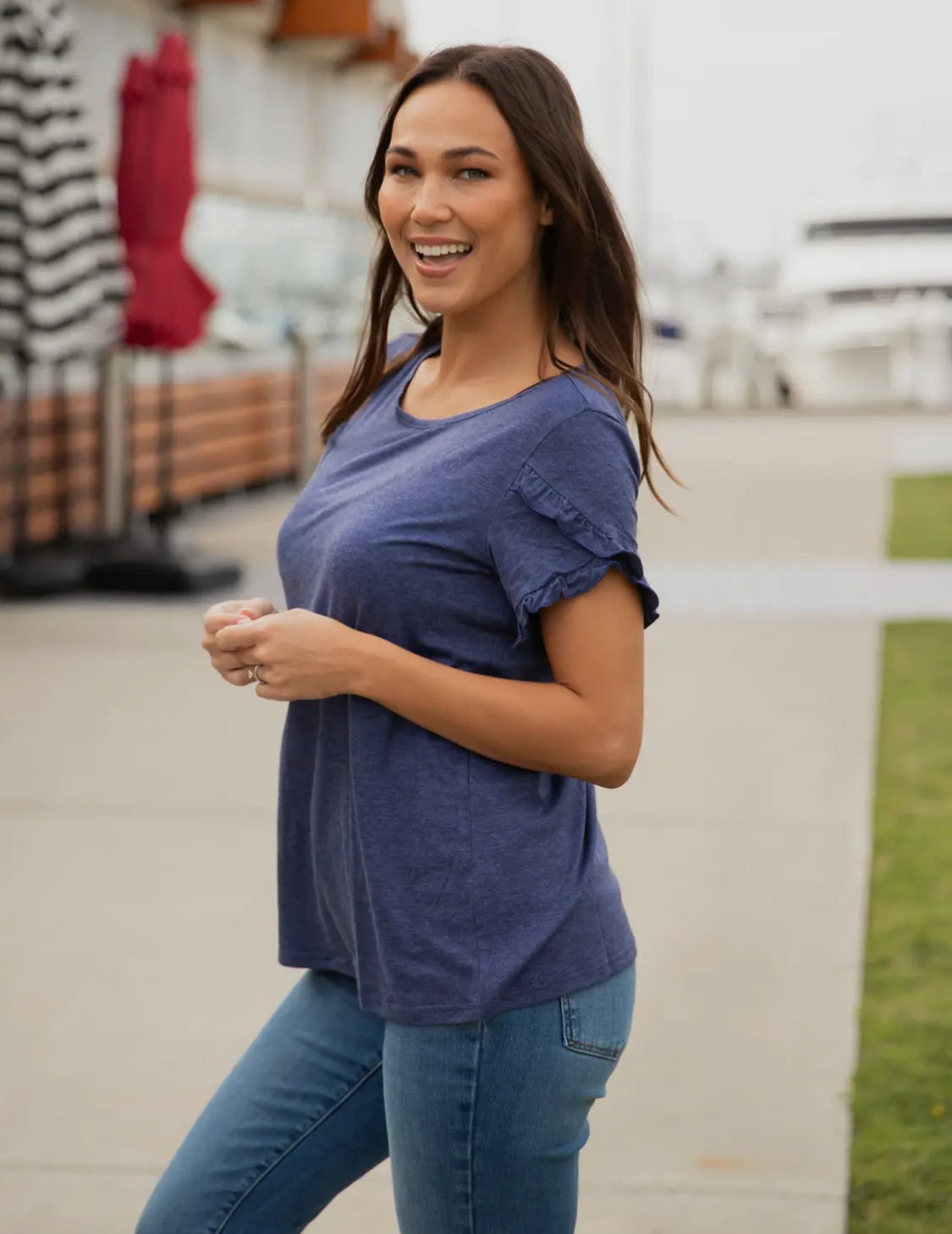 Navy Ruffle Sleeve Top