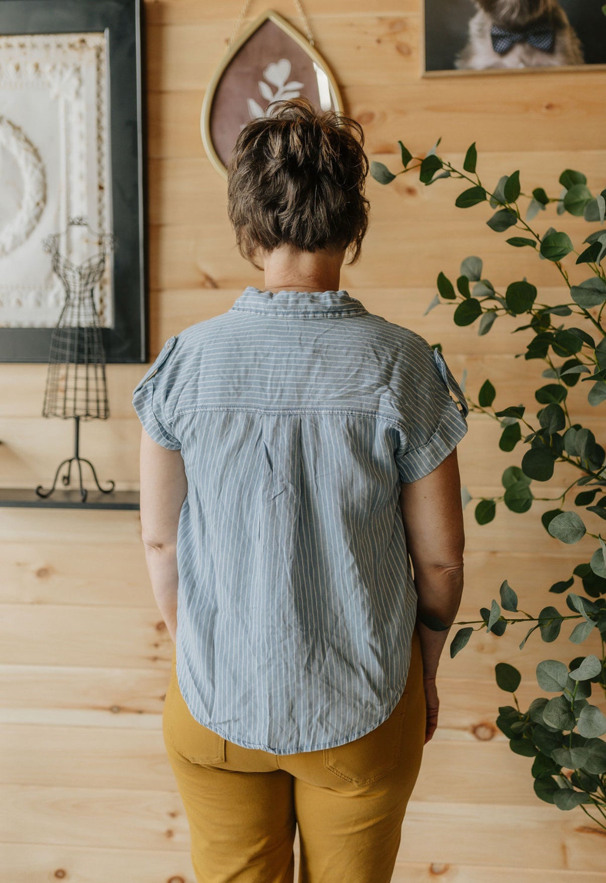 Stripe Button Down Tab Sleeve Chambray Shirt