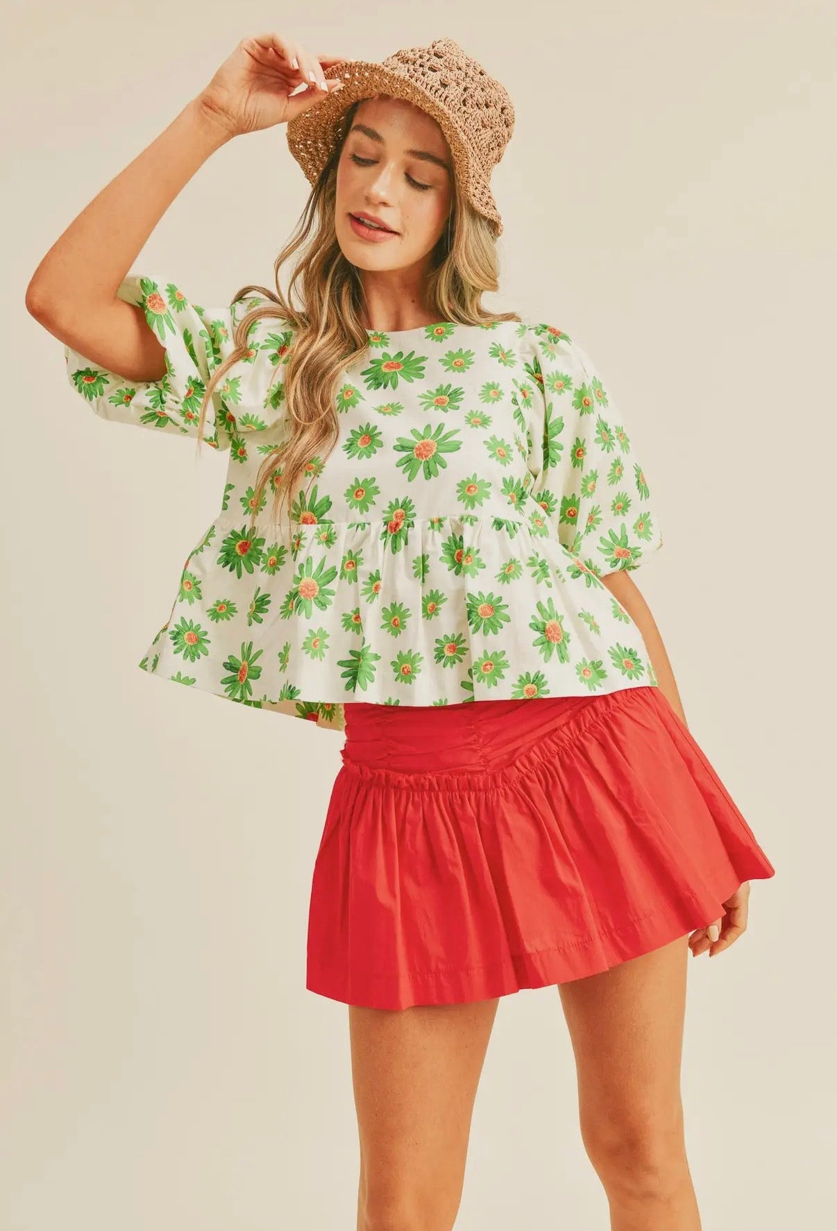 Floral Bubble Sleeve Babydoll Top