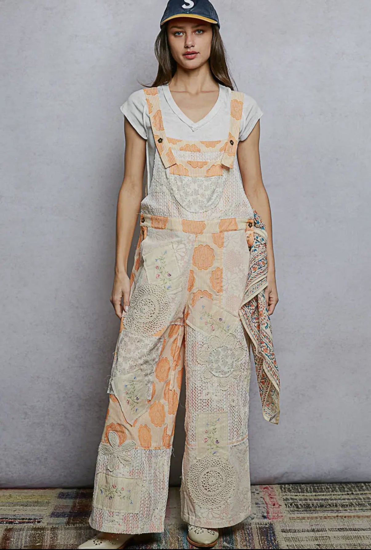 Orange Patchwork Woven Overalls