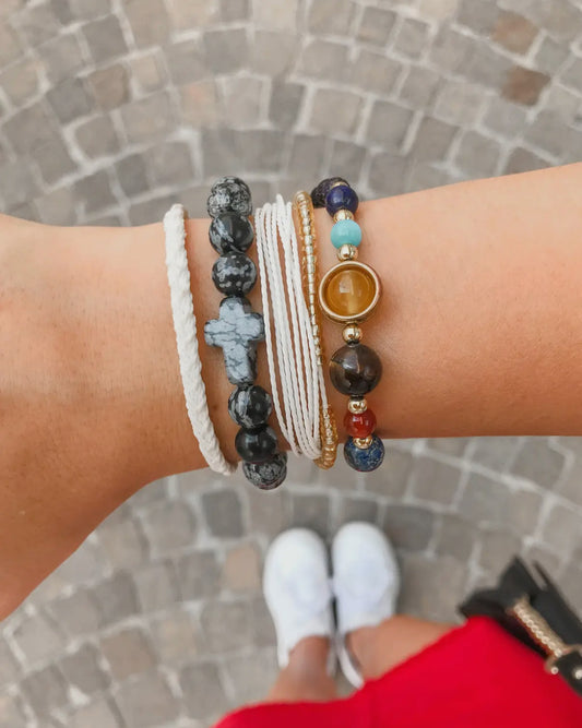 Obsidian Cross Beaded Bracelet in Natural Stone