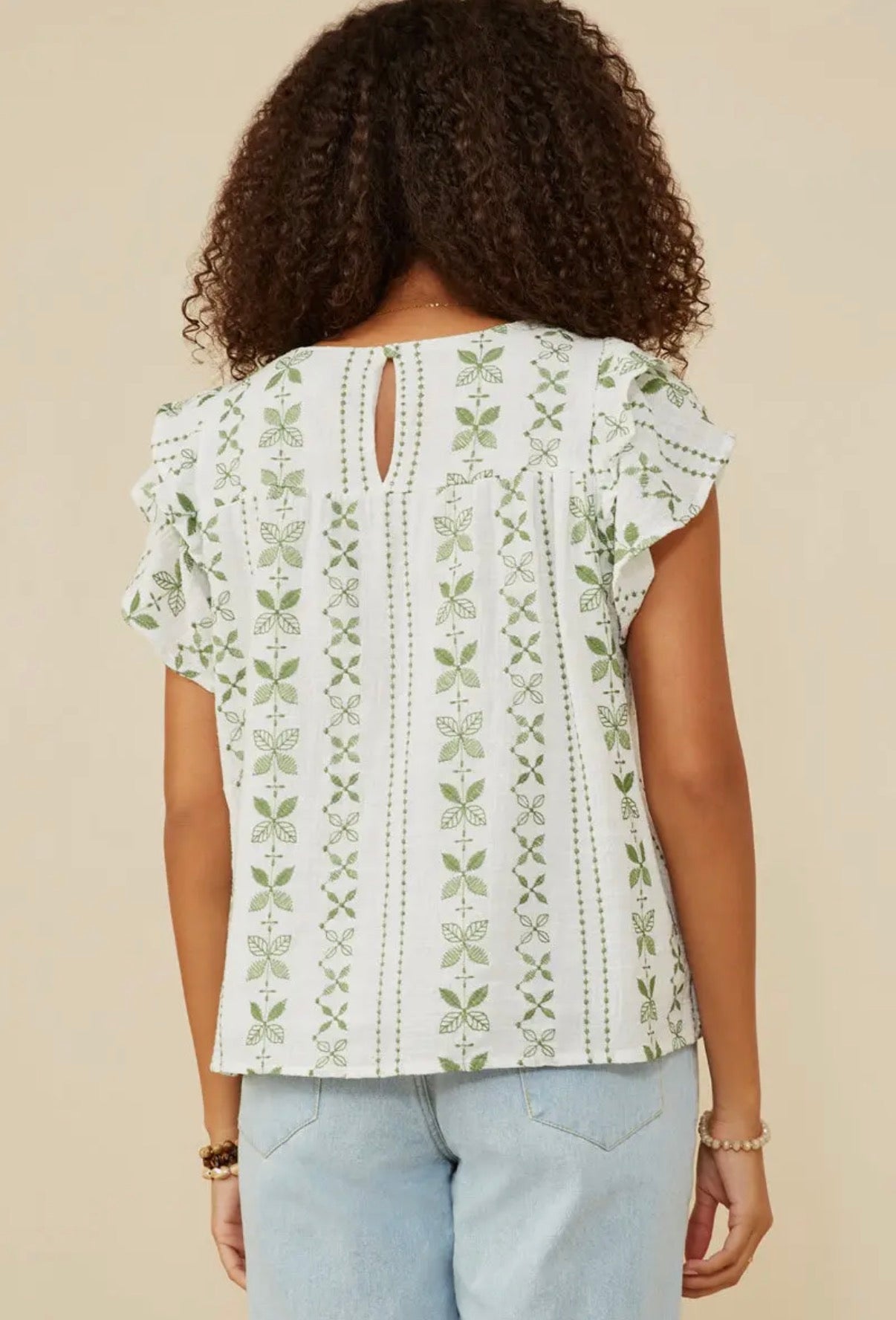 Green Embroidery Ruffle Top