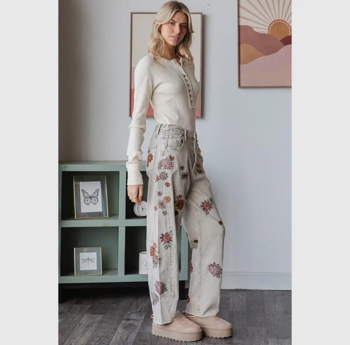 Floral Embroidered Grey Jeans