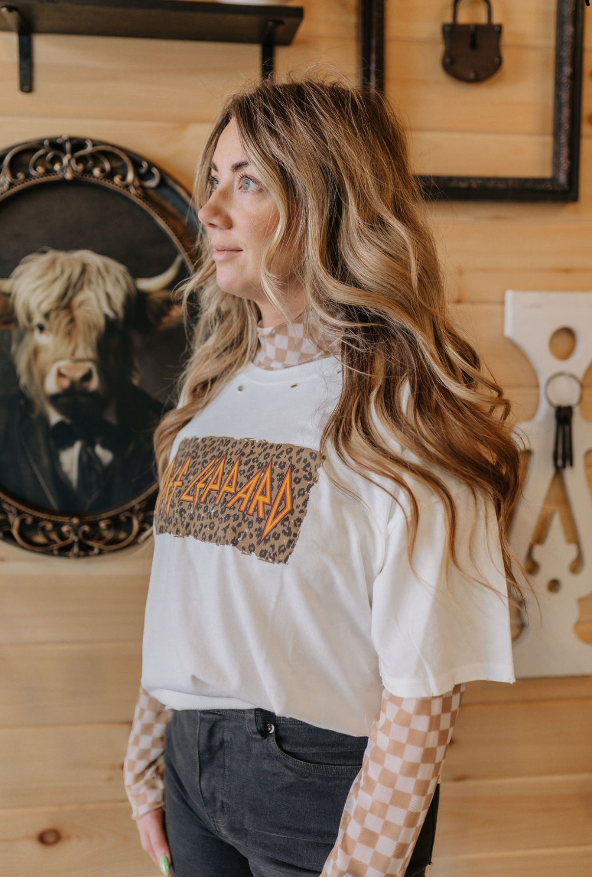 Taupe Checkerboard Mesh Top