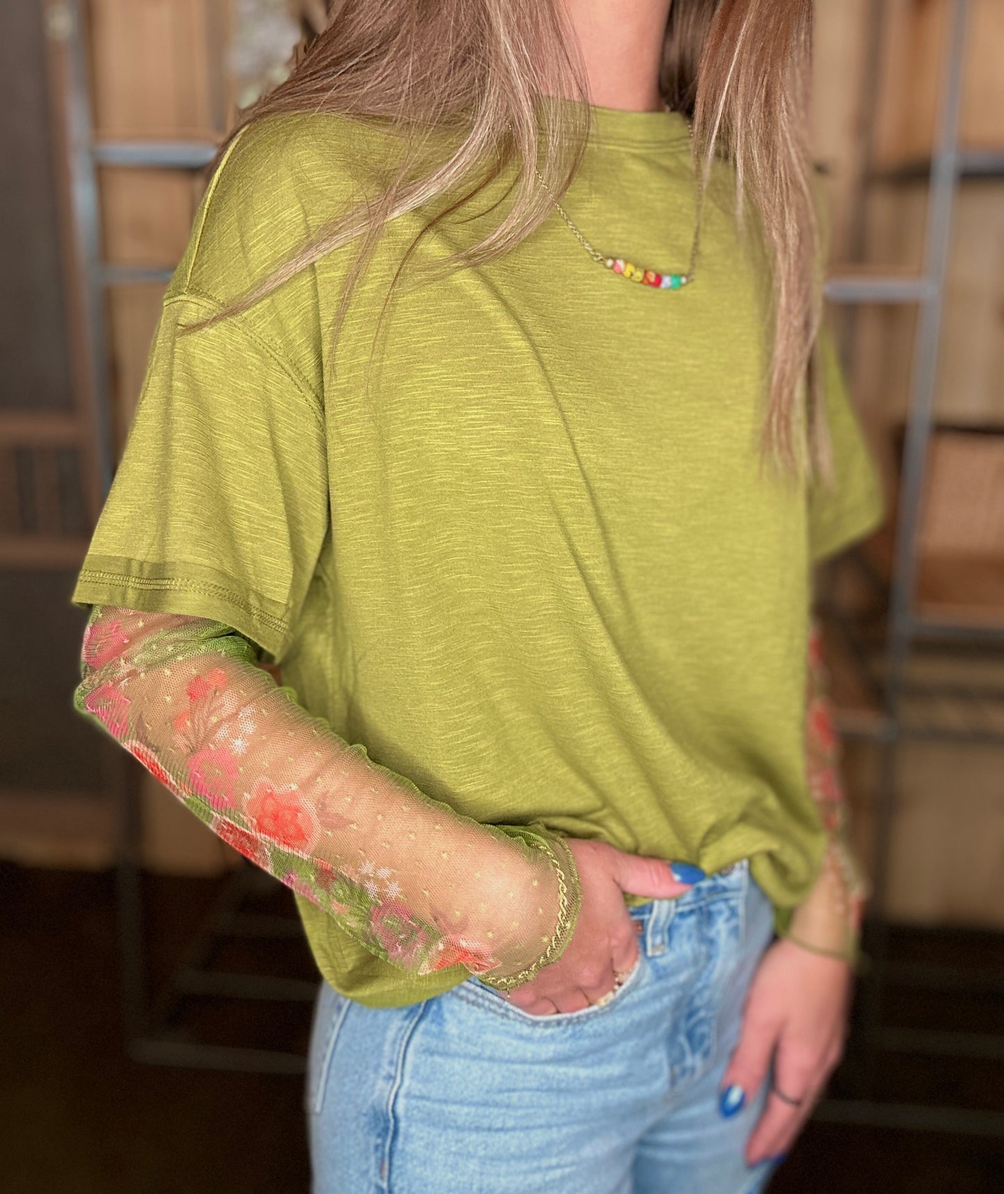 Green tee with Floral Mesh Sleeves