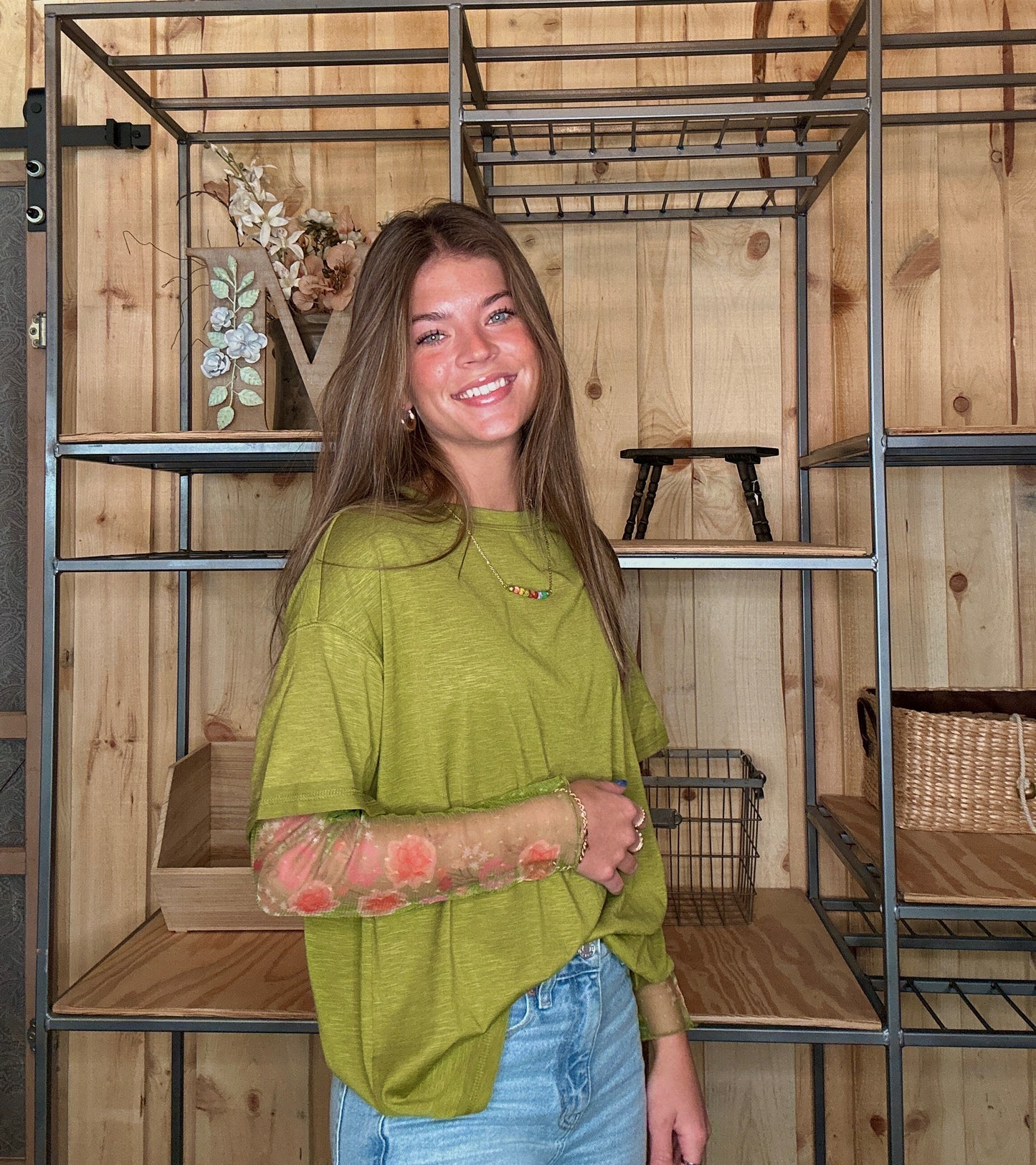 Green tee with Floral Mesh Sleeves