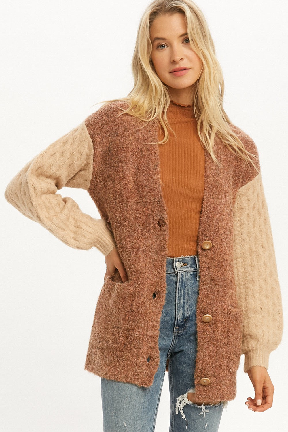 Cable Knit Cardigan -Rust