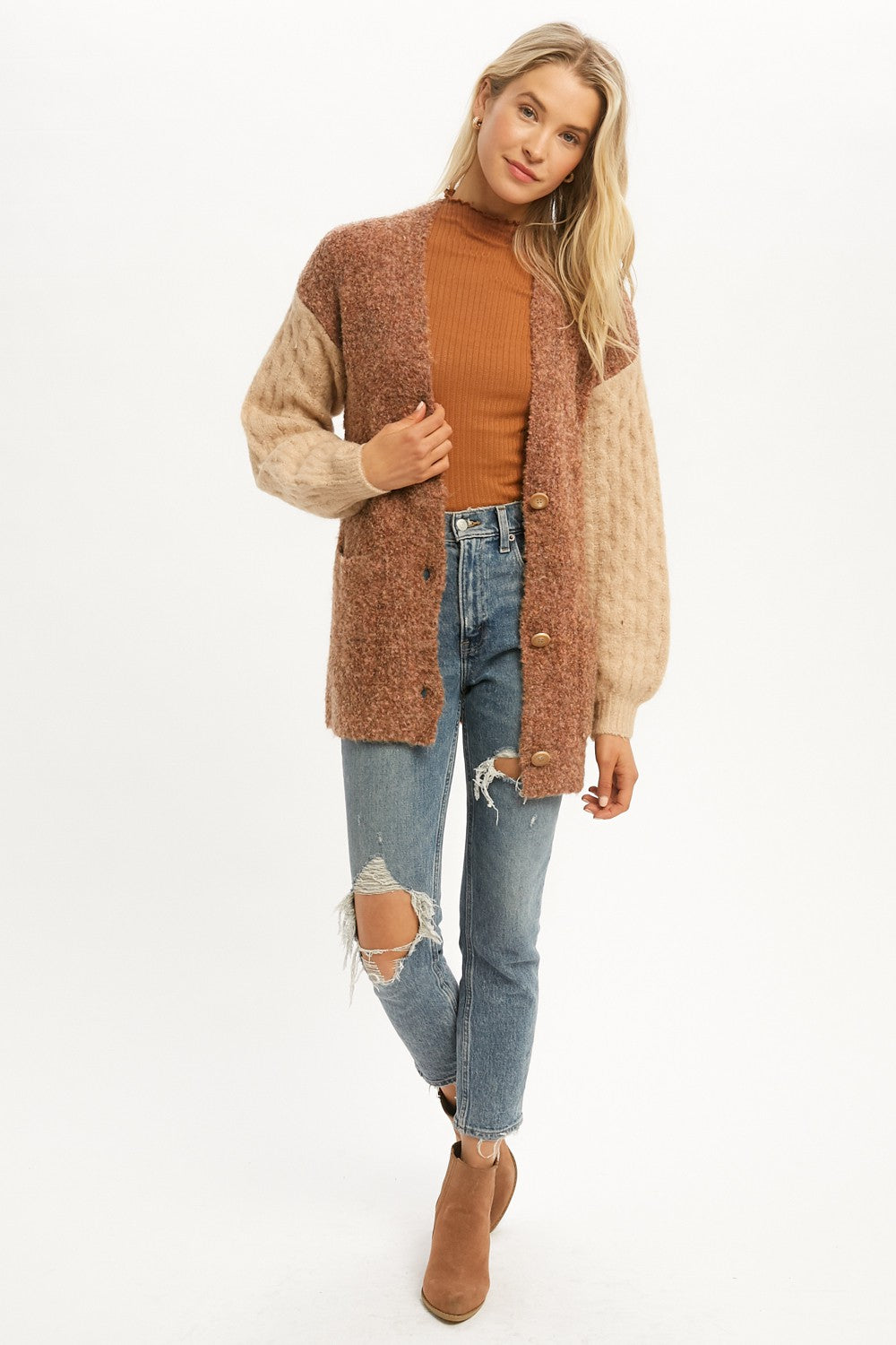Cable Knit Cardigan -Rust