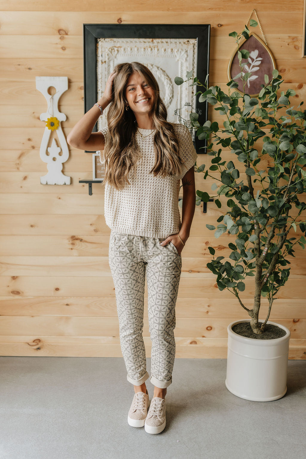 Crochet Knit Sweater Top - Oatmeal