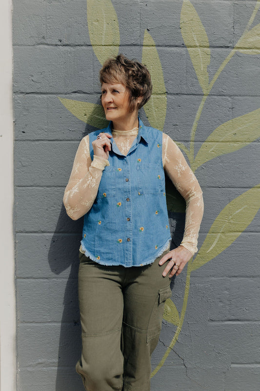 Denim Vest With Sunflowers