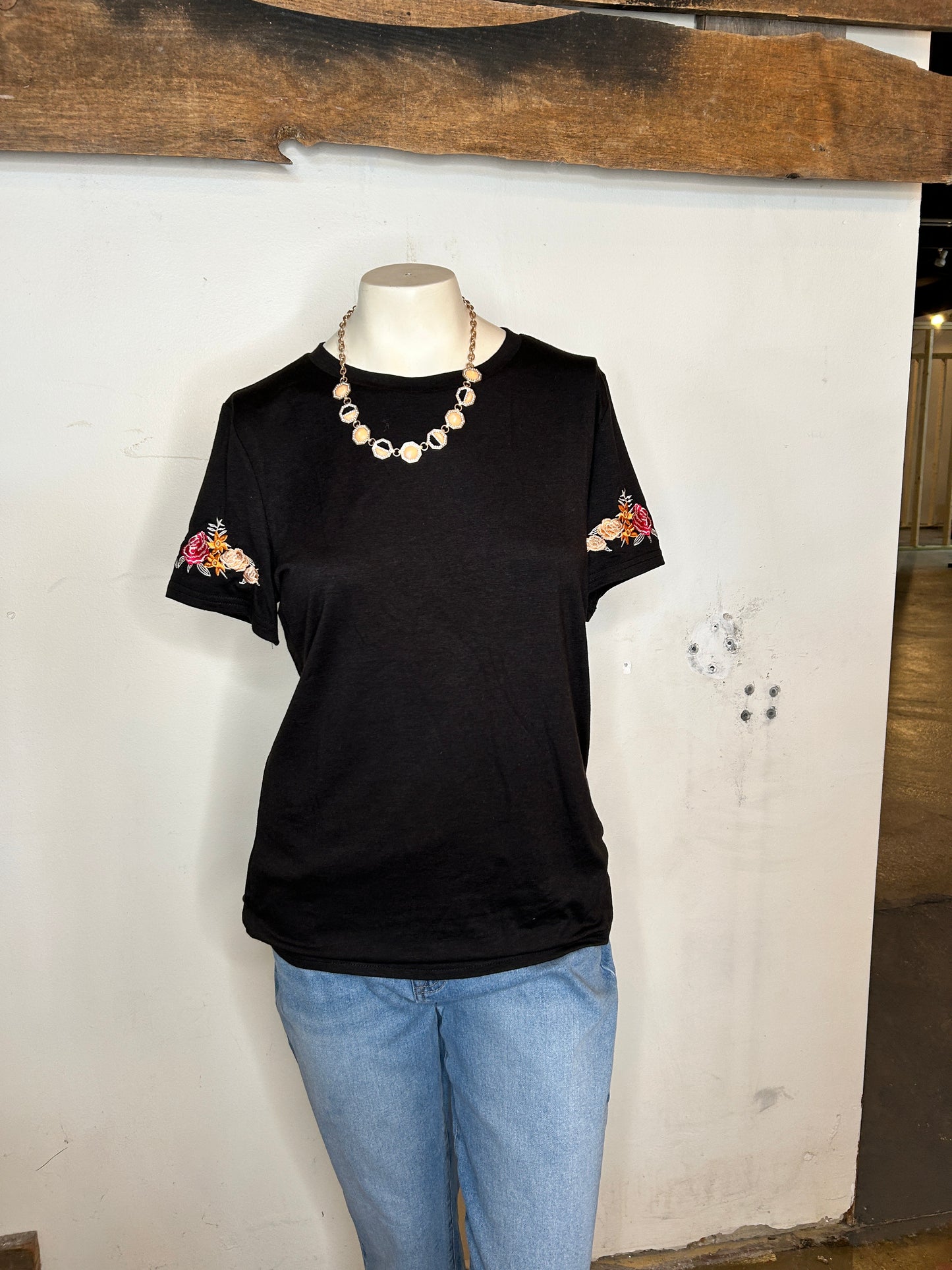 Tee with Embroidered Flower Sleeves