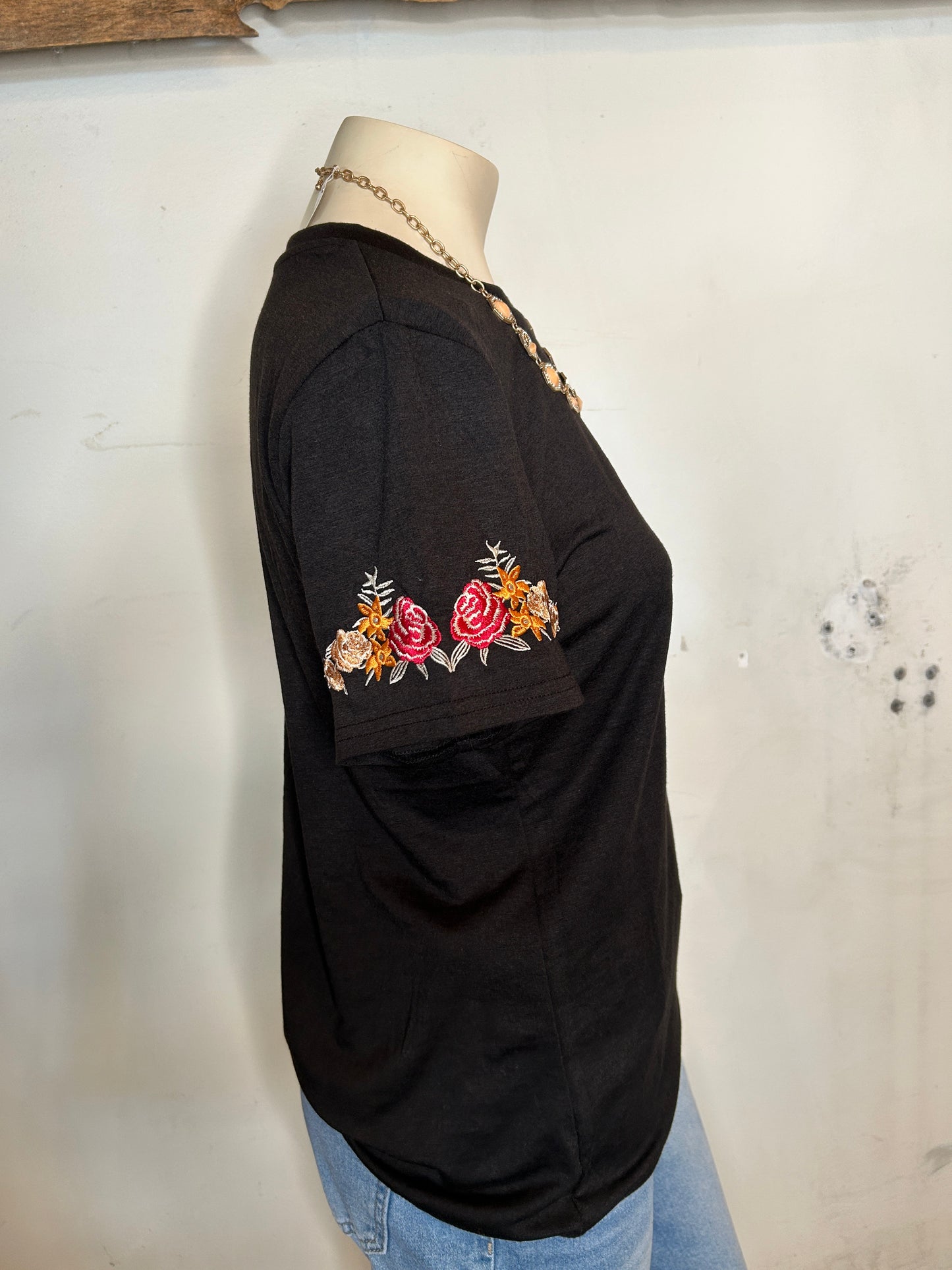 Tee with Embroidered Flower Sleeves