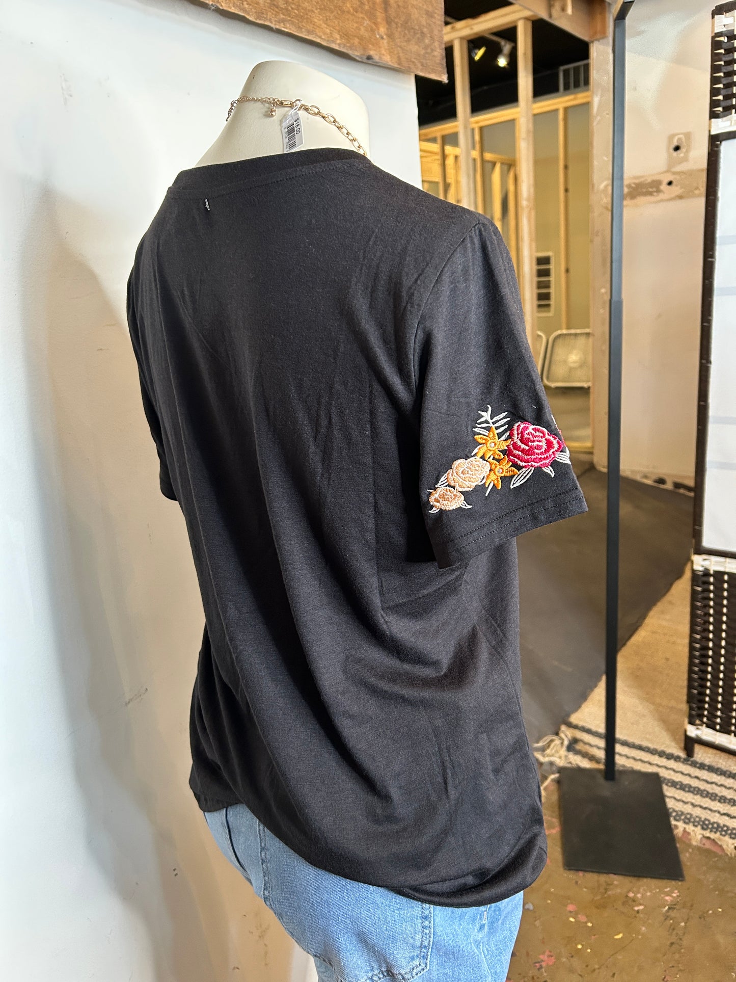 Tee with Embroidered Flower Sleeves