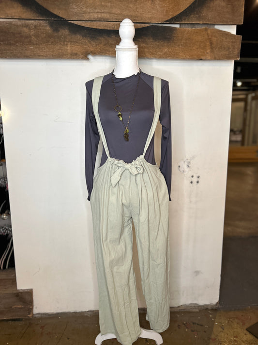 Wide Leg Suspender Pants - Green