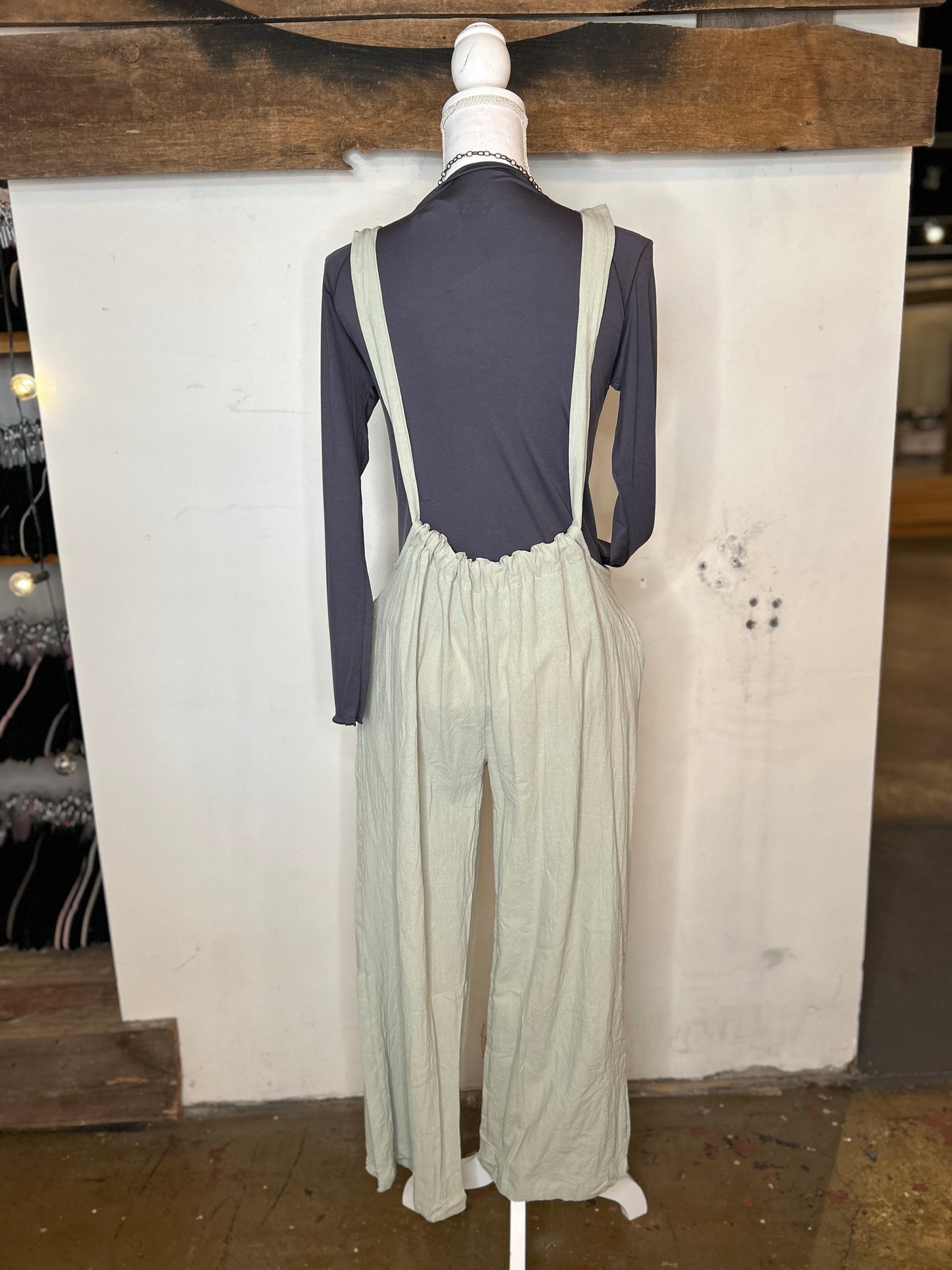 Wide Leg Suspender Pants - Green