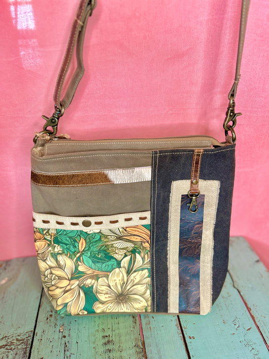 Teal and Tan Floral Purse