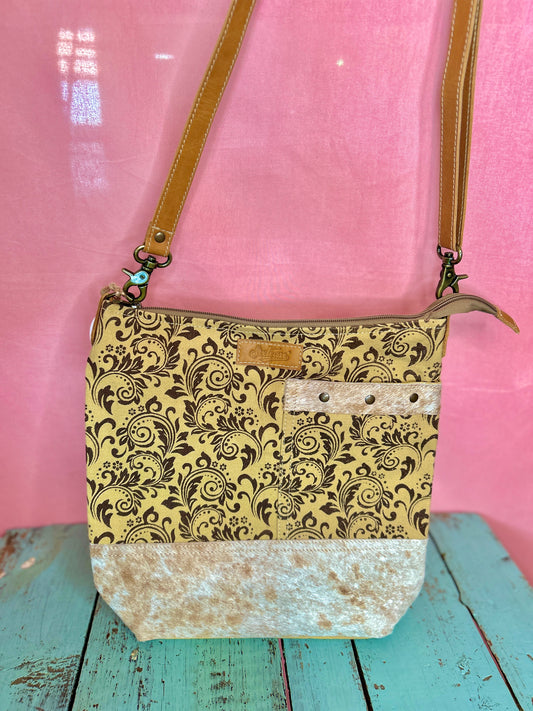 Yellow and Brown Floral Hide Purse