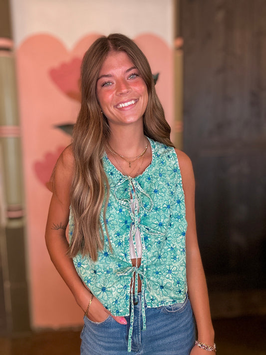 Mineral Washed Embroidered Flower Vest